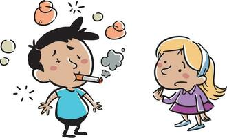 kinderen proberen naar rook een sigaret, slecht gewoonten vector