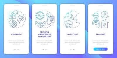 verbaal geheugen technieken blauw helling onboarding mobiel app scherm. studie walkthrough 4 stappen grafisch instructies met lineair concepten. ui, ux, gui sjabloon vector