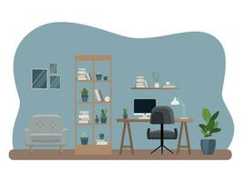 interieur van de kantoor werkplaats met meubilair. vlak tekenfilm stijl. vector illustratie