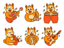 shiba inu hond tekenfilm sticker spelen muziek- vector