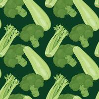 vlak stijl groen groenten. patroon vector. broccoli, courgette en een bundel van selderij bladeren Aan een groen achtergrond. gezond rijp agrarisch groenten geschikt voor ontgiften, vitamine smoothie. vector