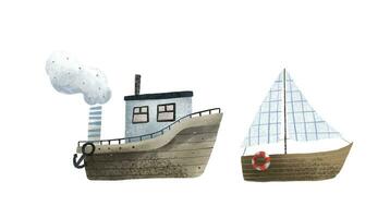 klem kunst met kinderachtig hand- geschilderd boten, schepen, water vervoer. schattig illustratie Aan wit achtergrond, kinderen kunst. oceaan op reis vector