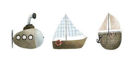 klem kunst met kinderachtig hand- geschilderd boten, schepen, water vervoer. schattig illustratie Aan wit achtergrond, kinderen kunst. oceaan op reis vector