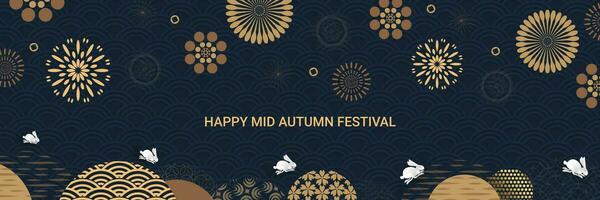 banier ontwerp met traditioneel Chinese vol maan cirkels, jumping hazen onder de maan. goud Aan een donker achtergrond. vertaling van Chinese - midden herfst festival. vector