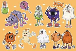 een reeks van groovy tekens Aan de thema van halloween. retro karakters, tekenfilm. halloween vakantie, evenement. divers stickers, set, sticker pak, pompoenen, geesten, zoetheid, mama, kaars, spin vector