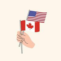 tekenfilm hand- Holding Verenigde staten en Canadees vlaggen. Verenigde Staten van Amerika en Canada relaties vector