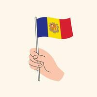 tekenfilm hand- Holding Andorra vlag, geïsoleerd vector tekening.