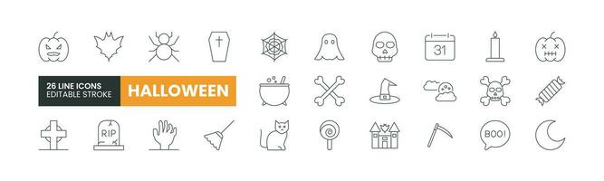 reeks van 26 halloween lijn pictogrammen set. halloween schets pictogrammen met bewerkbare beroerte verzameling. omvat geest, pompoen, kat, botten, schedel, bezem en meer. vector