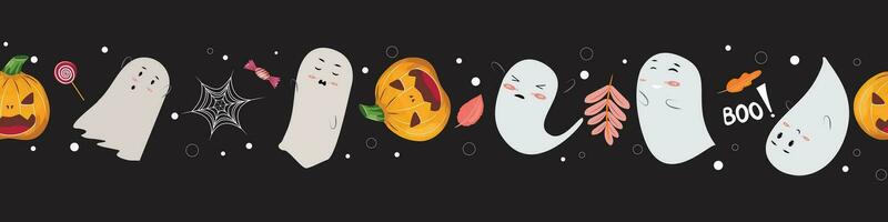 halloween naadloos patroon met grappig geesten Aan zwart achtergrond. horizontaal lang patroon vector