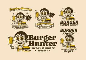 hamburger jager, illustratie van een jongen Holding slager mes met hamburger in voorkant van hem vector