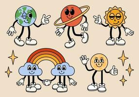 grappig tekenfilm karakters. aarde planeet, zon, maan, Saturnus, regenboog mascottes. grappig elementen in modieus retro tekenfilm stijl. vector illustratie