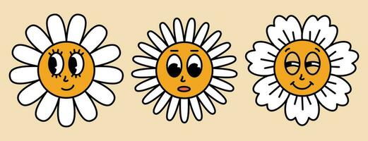 madeliefje bloemen met tekenfilm grappig gezichten. bloeien kamille met verschillend emotie lachend, verrast, schattig. sticker pak in modieus retro. jaren '30, jaren 50, Jaren 60 wijnoogst grappig glimlach. vector illustratie