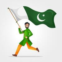 nieuwjong Pakistaans Mens Holding Pakistan vlag, 14e augustus, onafhankelijkheid dag Pakistan. vector