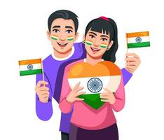 patriot dag achtergrond met Indisch vlag. vector illustratie. Indisch mensen houden vlaggen en verf de Indisch vlag Aan hun gezichten.