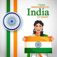 voorraad vector gelukkig onafhankelijkheid dag poster ontwerp met Indisch vrouw Holding vlag.