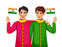 gelukkig jongens tonen eenheid door Holding Indisch vlaggen in hun handen en knuffelen samen. concept van diversiteit, patriottisch, en vriendschap. vector