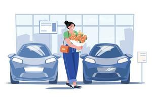 vrouw met bloemen in een autoshowroom vector