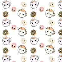 kawaii naadloos patroon met schattig cups en donuts, pastel kleuren vector