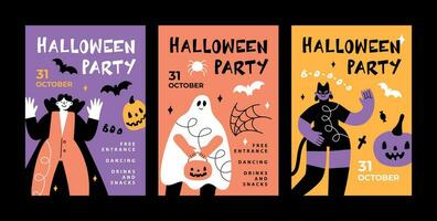 printa reeks van posters voor een halloween feest. grappig mensen in pakken. vampier, geest en zwart kat vector