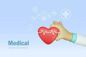 dokter hand- Holding hart met ecg ekg elektrocardiogram. medisch Gezondheid controle, ziekenhuis onderhoud en Gezondheid verzekering concept. 3d vector. vector