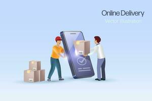 postbode online levering karton doos naar klant Aan slim telefoon. online boodschappen doen en levering onderhoud met Verzending bijhouden systeem. logistiek en distributie slim systeem. 3d vector