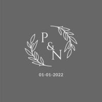 eerste brief pn monogram bruiloft logo met creatief bladeren decoratie vector