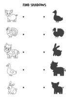 vind de juiste schaduwen van zwart-witte boerderijdieren. logische puzzel voor kinderen. vector