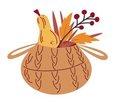 rieten mand met pompoen, bladeren en bessen. herfst oogst. vegetarische verse boerderijmarkt in mand. Thanksgiving dag concept. leuke herfst woondecoratie. cartoon vectorillustratie. vector