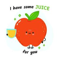 schattig rood appel met glas van sap. vector hand- getrokken tekening stijl tekenfilm karakter illustratie icoon ontwerp. kaart met schattig gelukkig rood appel fruit