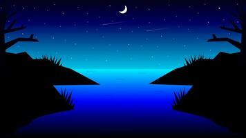 vector illustratie nacht visie van een moeras met rotsen en dor boom silhouetten Aan of kant