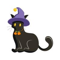 zwart halloween kat in een heks hoed, vector sticker, tekening, decoratie