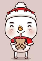 schattig sneeuwman genieten drinken bubbel melk thee, kawaii stijl vector