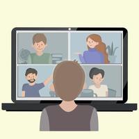 videoconferentie landing. mensen op computerscherm nemen met collega. videoconferentie en online vergaderwerkruimte vectorpagina. concept e-learning en blijf thuis. vector