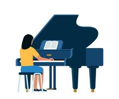 vrouw pianist spelen musical samenstelling Aan groots piano voor symfonisch orkest of opera prestatie Aan fase. getalenteerd artiest het uitvoeren van Aan tafereel. vector illustratie.