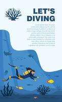 duiker met duiken uitrusting zwemt in de zee. zeegezicht banier met Mens onderwater. karakter vervelend wetsuit met zuurstof tank en vinnen. onderwater- wereld. vector illustratie.
