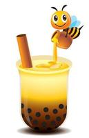 cartoon schattige bij die de honing uit de pot giet in de bubble tea cup. verse honing bubbelthee vector