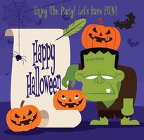 fijne Halloween. groen monsterkarakter met halloween-pompoen met retro papieren scroll vector