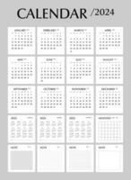 kalender 2024, ontwerper en Opmerking, minimaal ontwerp, week begin zondag sjabloon. vector