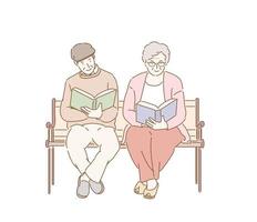een ouder echtpaar zit op een bankje en leest een boek. vector