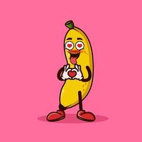 schattig banaan fruit karakter met liefde emote. fruit karakter pictogram concept geïsoleerd. platte cartoon stijl premium vector