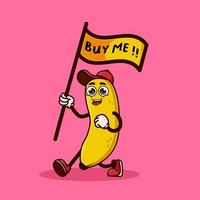 schattig bananenfruitkarakter met een vlag die zegt koop me. fruit karakter pictogram concept geïsoleerd. emoji-sticker. platte cartoon stijl vector