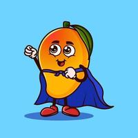 schattig mangofruitkarakter met superheldkostuum en proberen te vliegen. fruit karakter pictogram concept geïsoleerd. emoji-sticker. platte cartoon stijl vector