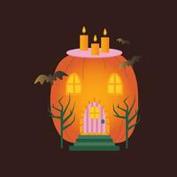 halloween pompoenen, herfst vakantie. pompoen huis met gesneden ramen, deuren en vleermuizen en kaarsen. vector