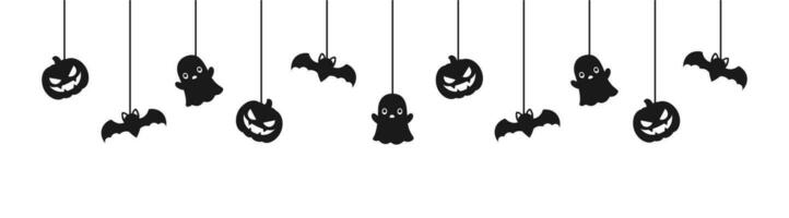 gelukkig halloween banier of grens met zwart vleermuizen, geest en jack O lantaarn pompoenen silhouet. hangende spookachtig ornamenten decoratie vector illustratie, truc of traktatie partij uitnodiging