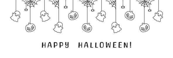 gelukkig halloween banier of grens met geest en jack O lantaarn pompoenen schets tekening. hangende spookachtig ornamenten decoratie vector illustratie, truc of traktatie partij uitnodiging