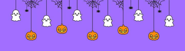 gelukkig halloween banier of grens met geest en jack O lantaarn pompoenen. hangende spookachtig ornamenten decoratie vector illustratie, truc of traktatie partij uitnodiging