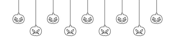 gelukkig halloween banier of grens met jack O lantaarn pompoenen schets tekening. hangende spookachtig ornamenten decoratie vector illustratie, truc of traktatie partij uitnodiging