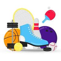 sport gaming compositie met ballen - tennis, bowlen, basketbal. schaatsen schoenen en ping pong racket, puck enz... sportuitrusting vlakke stijl ontwerp vectorillustratie geïsoleerd op wit. vector