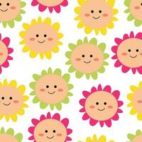 schattig bloemen patroon, glimlach zonnig gezicht tekenfilm naadloos achtergrond, vector illustratie, behang, textiel, tas, kledingstuk, mode ontwerp
