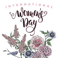 Internationale Vrouwendag. Belettering ontwerp met bloemen vector